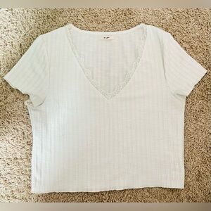 Ribbed Lace Lined V Neck Top White Size Large